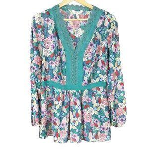 Matilda Jane Womens Floral Tunic Top Green Small Lace Detail Long Sleeve V Neck